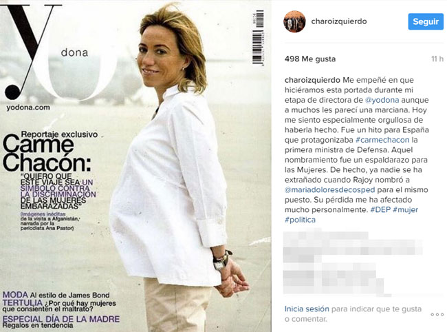 Este es el mensaje y la foto que ha compartido Charo Izquierdo para recordar el reportaje que le hicieron a Carme Chacón en Yo Dona.