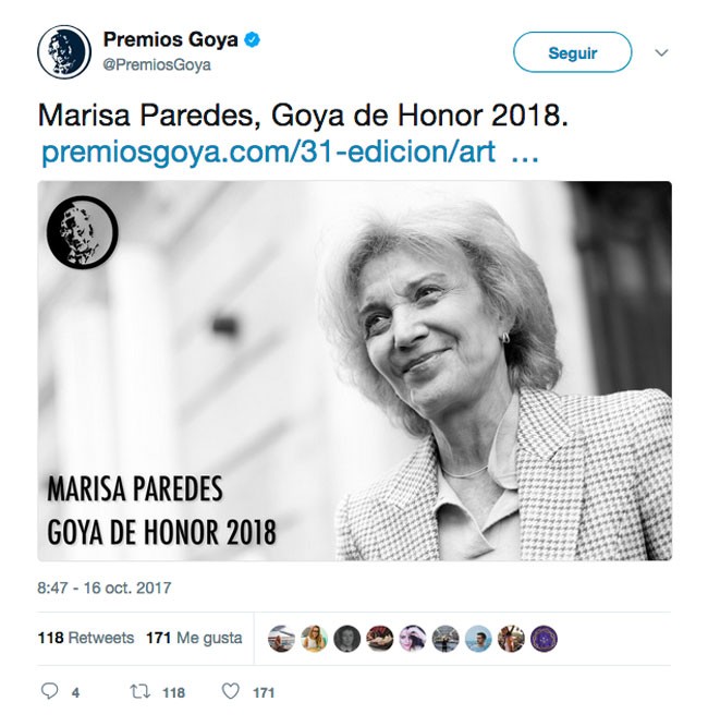 Marisa Paredes, galardonada con el Goya de Honor 2018