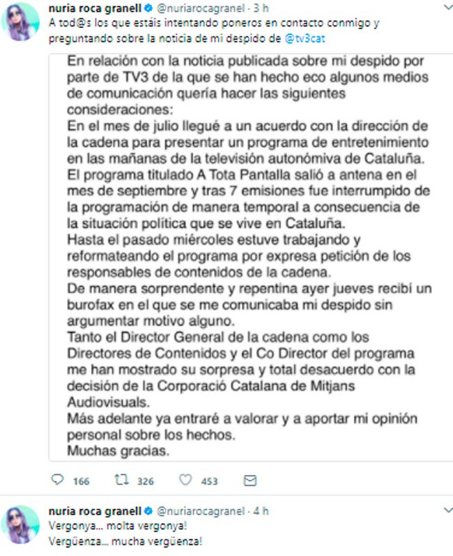 Nuria Roca siente "vergüenza" tras ser despedida de la televisión a través de un Burofax