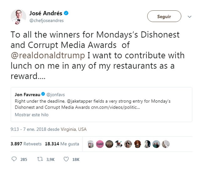 José Andrés le declara la guerra (vía Twitter) a Donald Trump