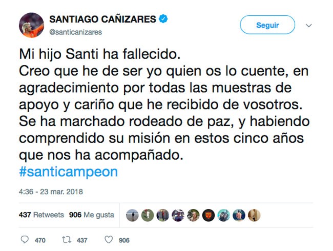Muere el hijo de Santiago Cañizares a los cinco años