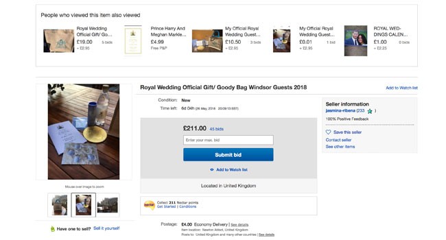 Venden en eBay el regalo de invitados de la boda de Meghan Markle y Harry por 240 euros