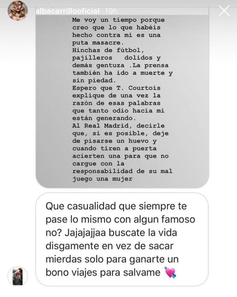 Mensaje a Alba Carrillo en Instagram