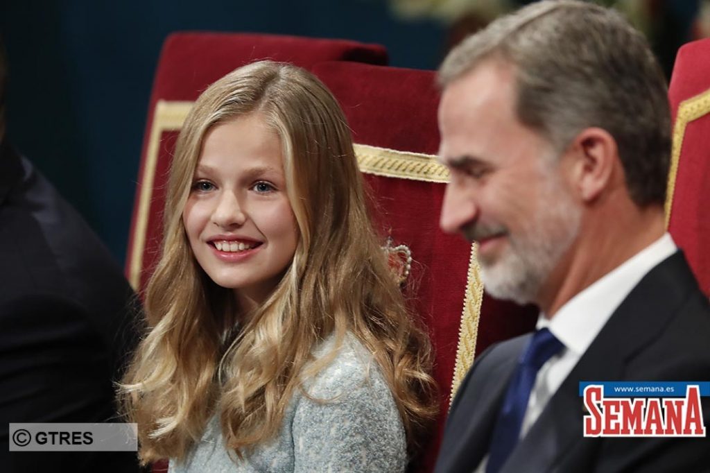 Spanish King Felipe VI and daughter Princess of Asturias Leonor de Borbon during the delivery of the Princess of Asturias Awards 2019 in Oviedo, on Friday 18 October 2019.