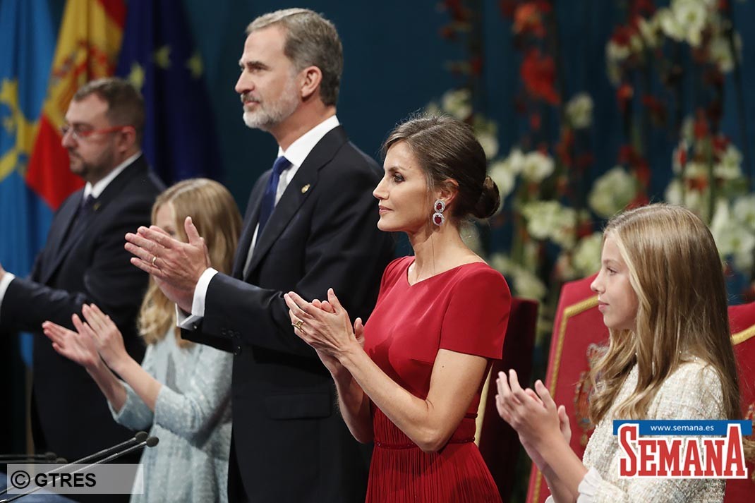 Spanish King Felipe VI and Queen Letizia Ortiz with daughters Princess of Asturias Leonor de Borbon and Sofia de Borbon during the delivery of the Princess of Asturias Awards 2019 in Oviedo, on Friday 18 October 2019.