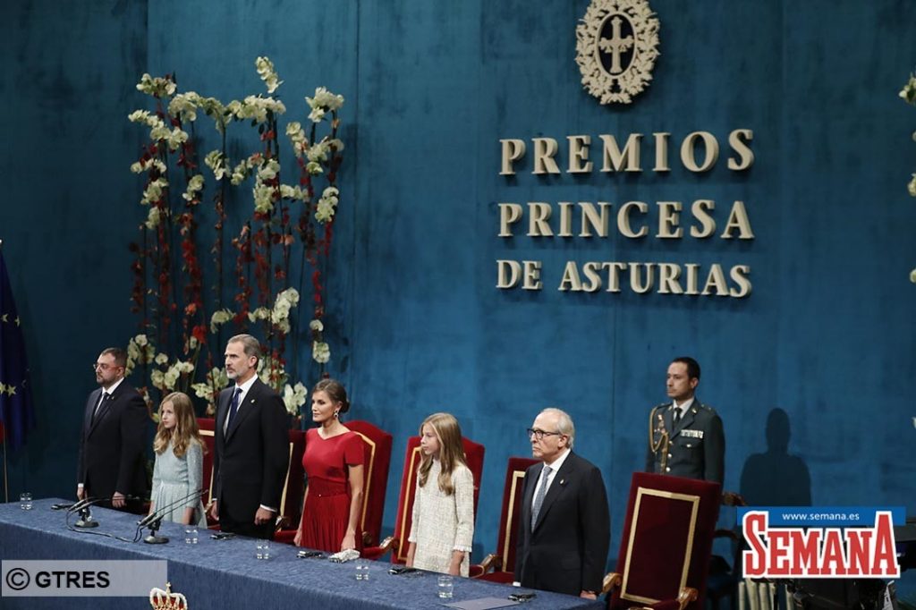 Spanish King Felipe VI and Queen Letizia Ortiz with daughters Princess of Asturias Leonor de Borbon and Sofia de Borbon next to Luis Fernandez Vega Sanz during the delivery of the Princess of Asturias Awards 2019 in Oviedo, on Friday 18 October 2019.