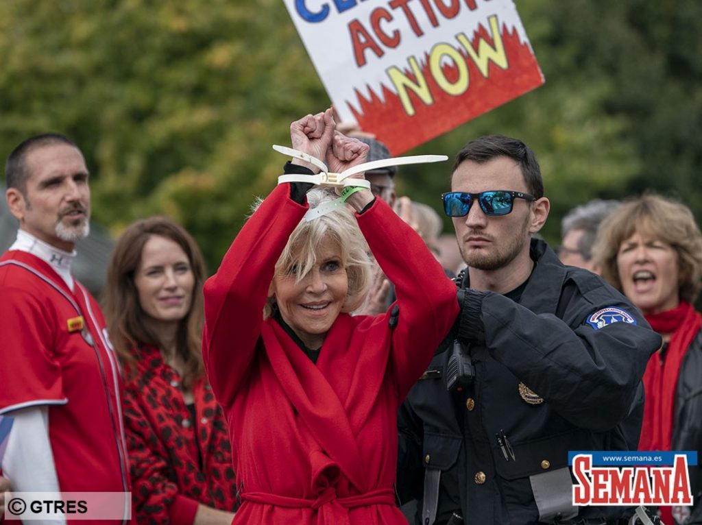 Actress and activist Jane Fonda is arrested at the Capitol for blocking the street after she and other demonstrators called on Congress for action to address climate change, in Washington, Friday, Oct. 25, 2019.
