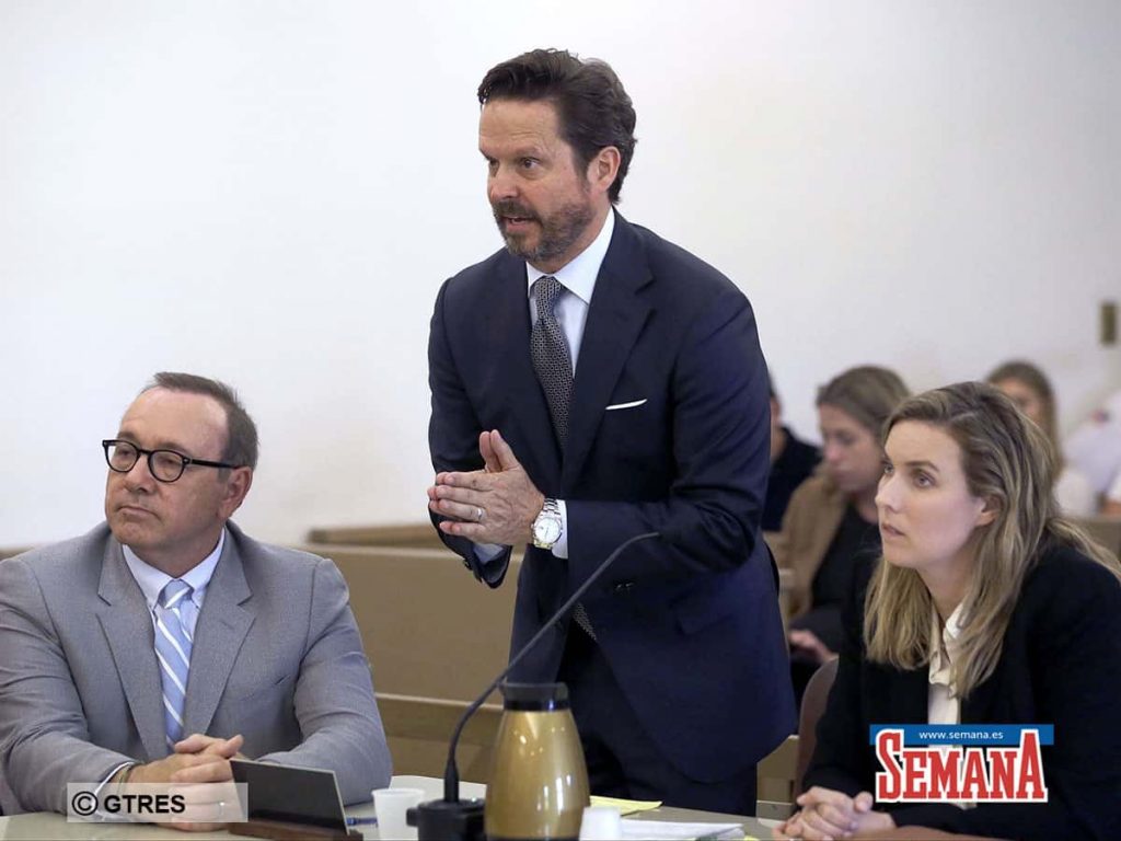 Actor Kevin Spacey, left, sits beside attorney Alan Jackson addressing the court in a pretrial hearing on Monday, June 3, 2019, at district court in Nantucket, Mass.