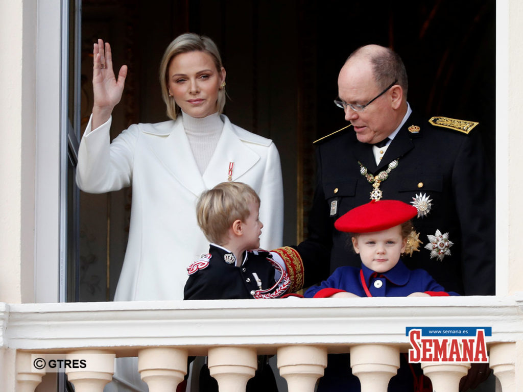 Prince Albert II of Monaco and his wife Princess Charlene, their children Prince Jacques and Princess Gabriella on balcony during the ceremonies marking the National Day in Monaco, Tuesday, Nov.19, 2018.