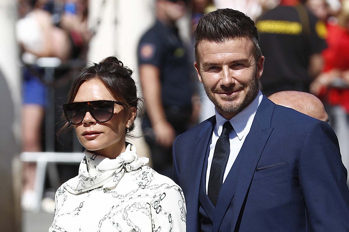 Designer and former singer Victoria Adams and former soccerplayer David Beckham during the wedding of Sergio Ramos and Pilar Rubio in Seville on Saturday, 15 June 2019.