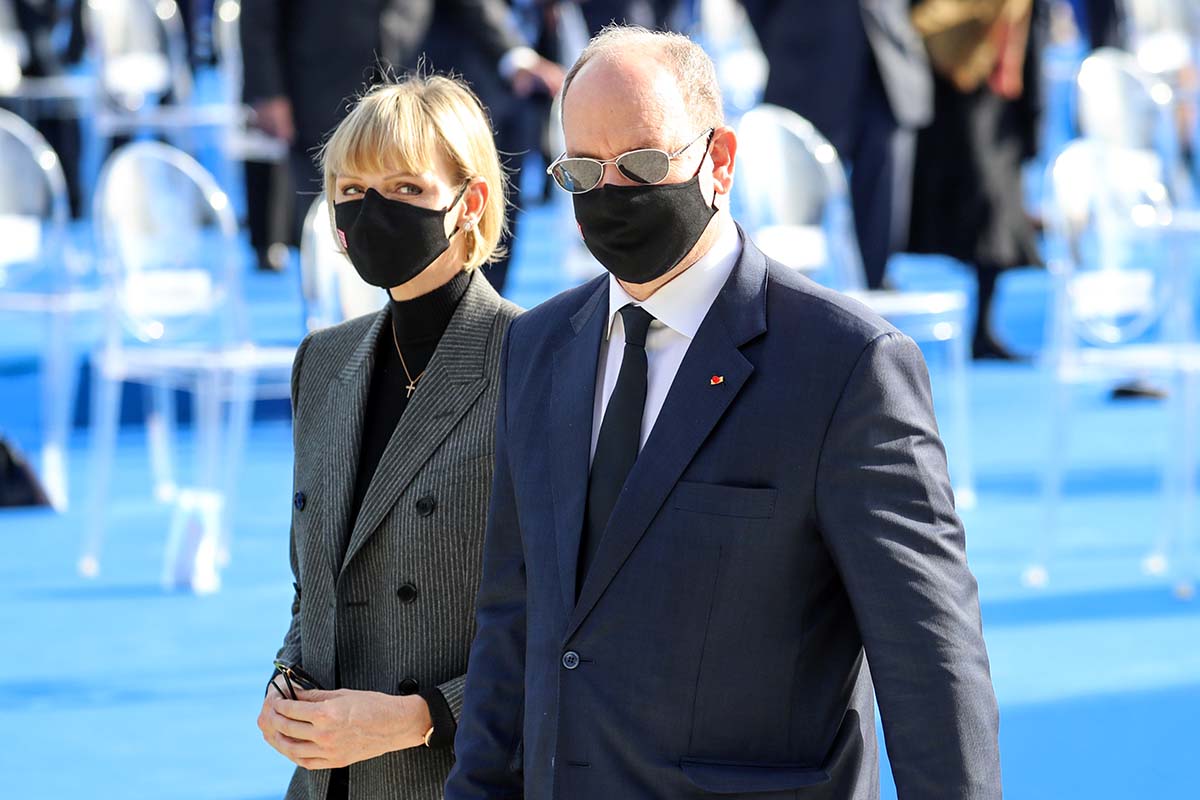 Princess Charlene of Monaco and Prince Albert II of Monaco attend a ceremony to pay tribute to the victims of a deadly knife attack at Notre Dame basilica on October 29, 2020, in Nice, France November 7, 2020.