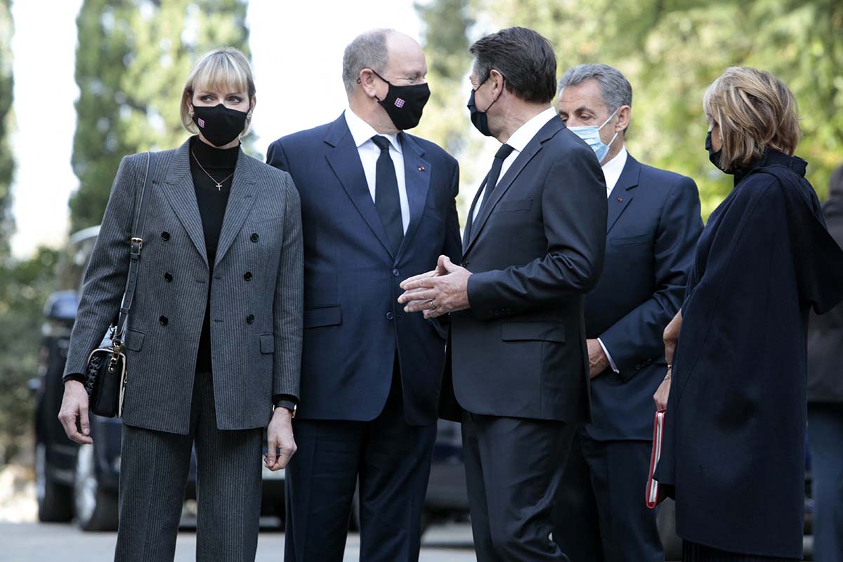 Prince Albert II of Monaco and Princess Charlene of Monaco arrive prior tthe ceremony. French Prime Minister Jean Castex pays a tribute during a national ceremony in Nice .In front of the portraits of the three victims of the attack at Notre-Dame de Nice Basilica on October 29, 2020. Nice, on November 7, 2020. Photo by Patrick Aventurier/ABACAPRESS.COM
