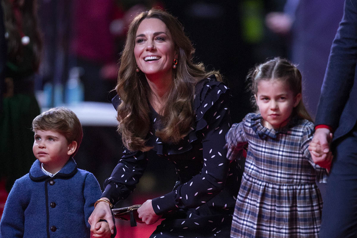 Kate Middleton and their children, Prince Louis, Princess Charlotte attend a special pantomime performance at London's PalladiumTheatre