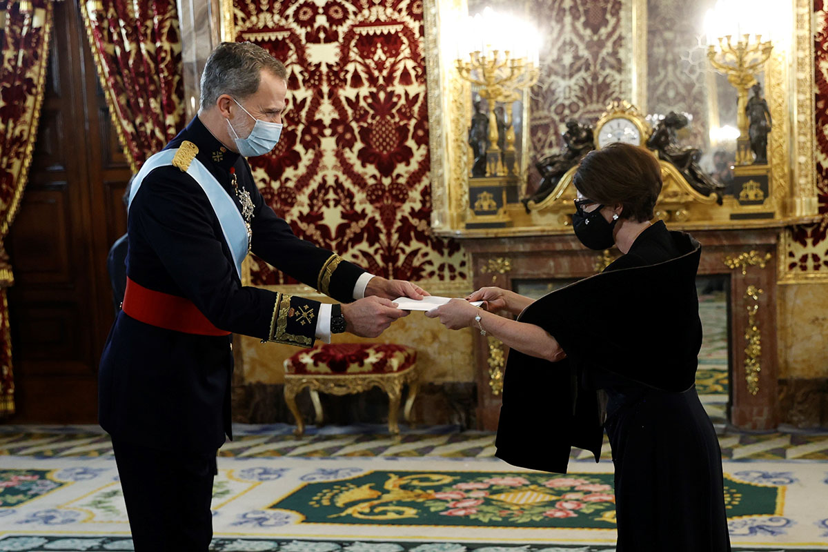 Spanish King Felipe and Ambassador of Monaco, Catherine Liliane Dominique Fautrier during the present the credentials / cartas credenciales in RoyalPalace in Madrid on Friday, 29 January 2021.