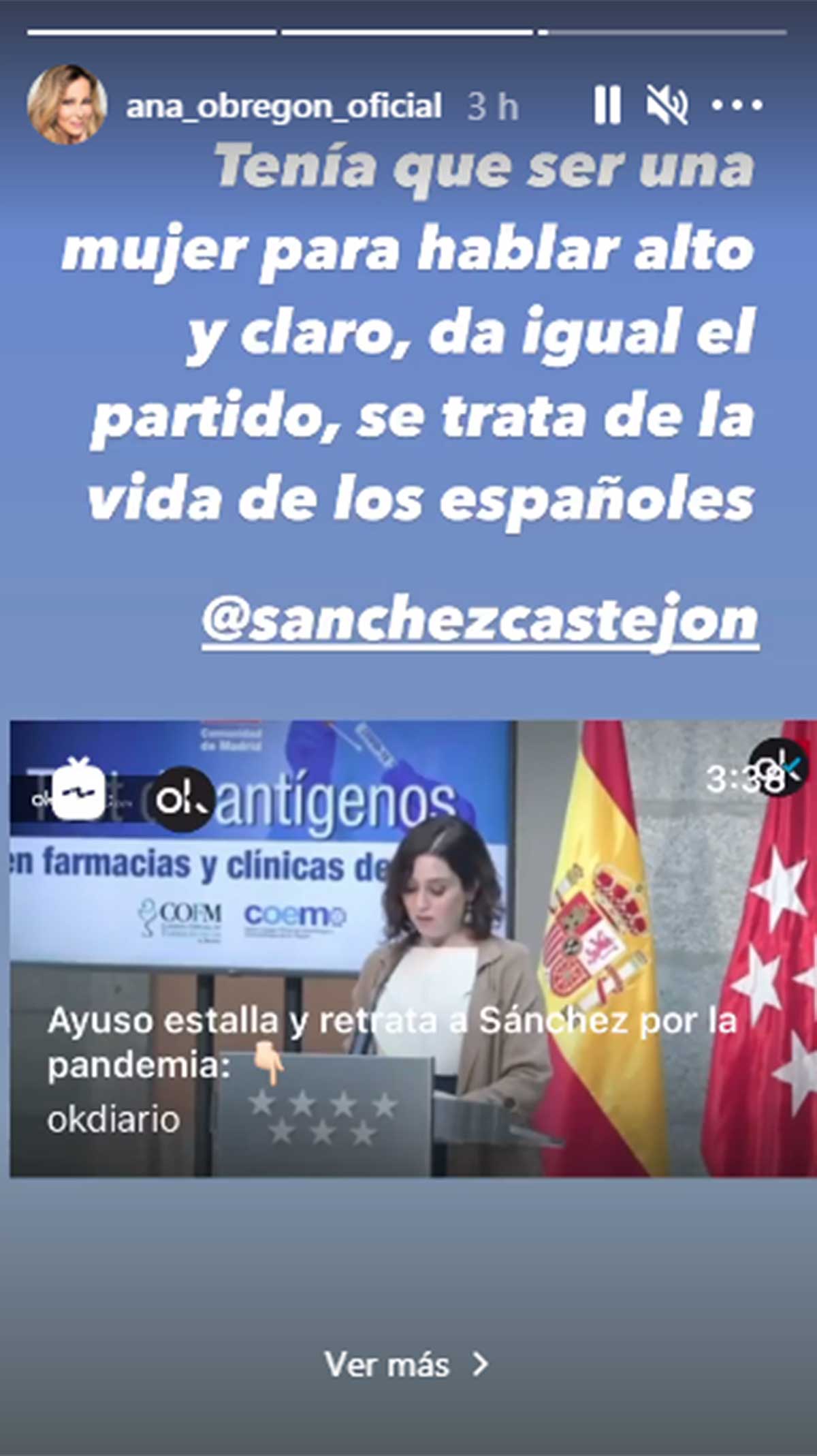 El ataque de Isabel Díaz Ayuso a Pedro Sánchez que Ana Obregón aplaude: "Tenía que ser una mujer la que hablase alto y claro"