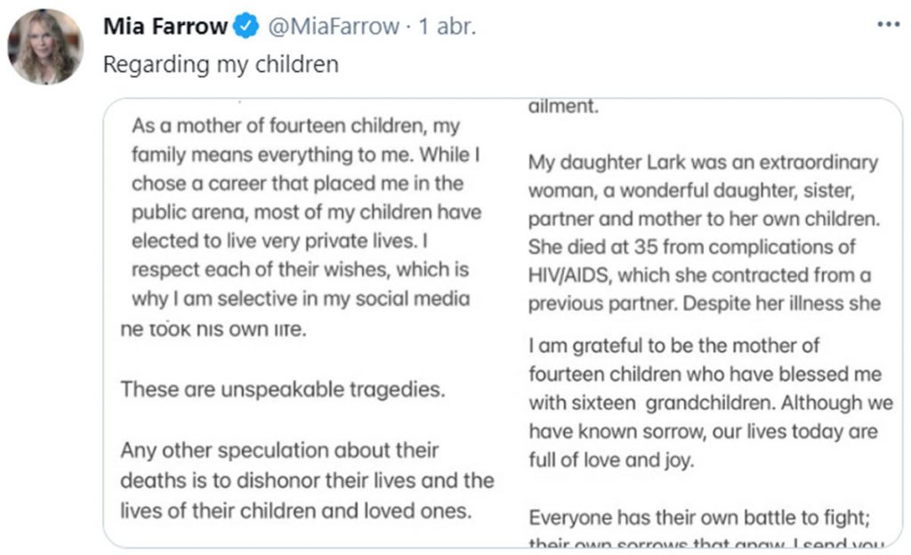 Mia Farrow aclara la muerte de 3 de sus 14 hijos