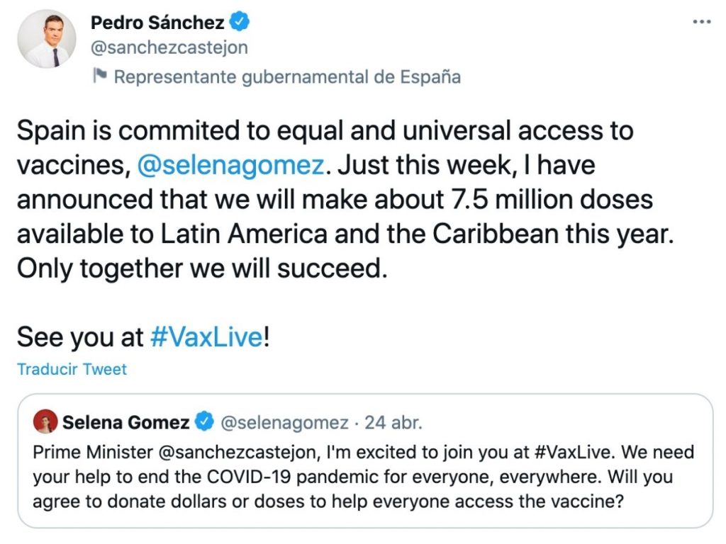 Selena Gómez pide ayuda a Pedro Sánchez para que done vacunas contra el coronavirus