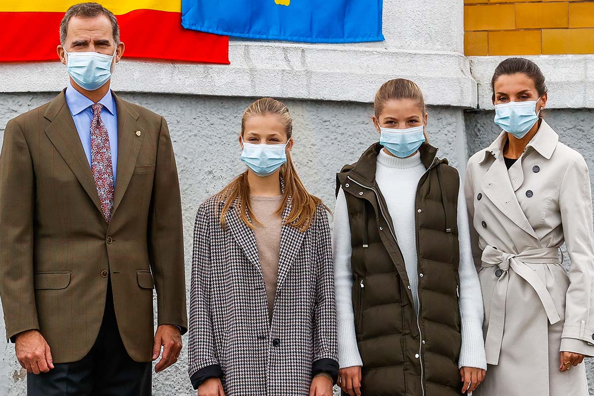 Spanish King Felipe VI and Queen Letizia Ortiz with daughters Princess of Asturias Leonor de Borbon and Sofia de Borbon  during a visit to Somao as winner of the 31th annual Exemplary Village of Asturias Awards, Spain, on Saturday 17 October 2020.