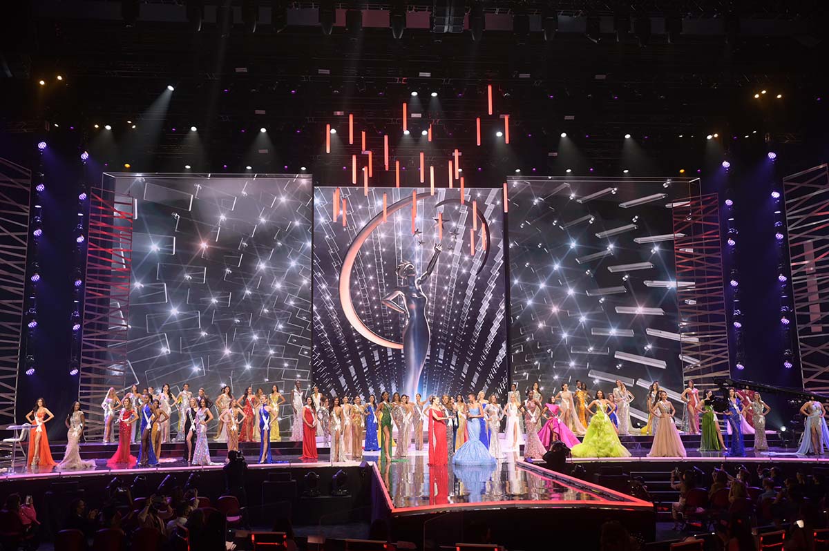 Contestants compete on stage in evening gown during the MISS UNIVERSE® Preliminary Competition at the Seminole Hard Rock Hotel & Casino in Hollywood, Florida on May 14, 2021. Tune in to the live telecast on FYI and Telemundo on Sunday, May 16 at 8:00 PM ET to see who will become the next Miss Universe.