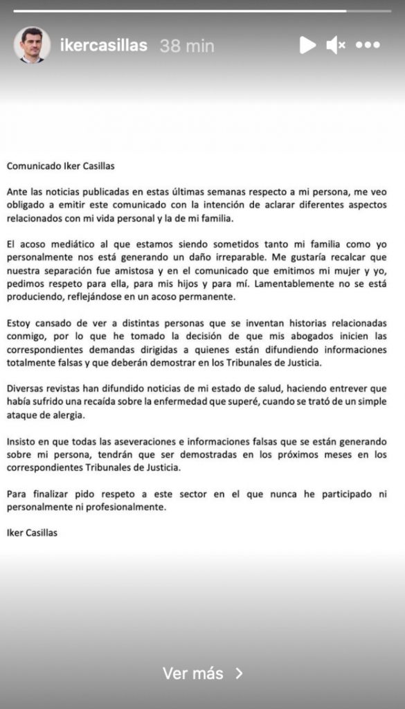 Iker Casillas desmiente que sufriera ninguna recaída de su enfermedad, como se ha publicado