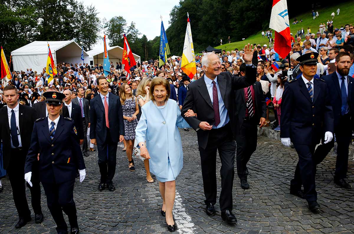 Prince Hans-Adam II of Liechtenstein, Princess Marie and their son Hereditary Prince Alois of Liechtenstein during a ceremony celebrating the country's 300th birthday in Vaduz, Liechtenstein August 15, 2019.