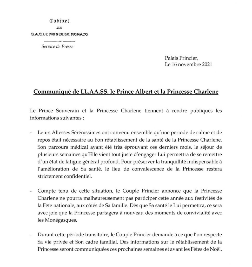 Charlène de Mónaco anuncia que se retira "en un lugar confidencial"