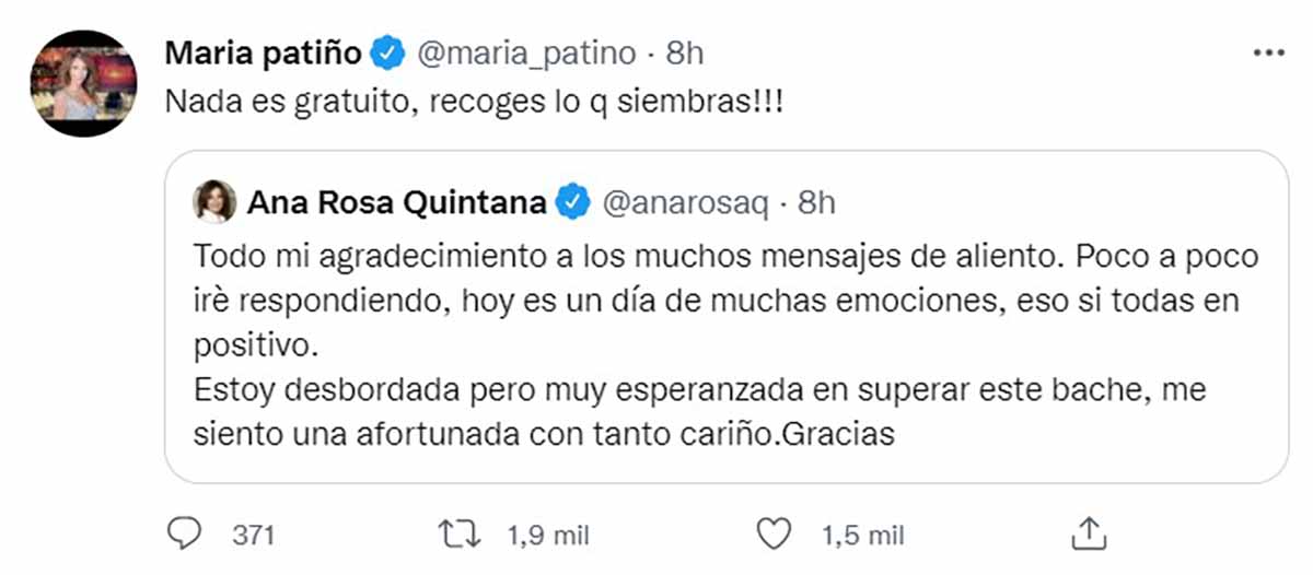 María Patiño la lía en Twitter por un comentario sobre el cáncer de Ana Rosa Quintana