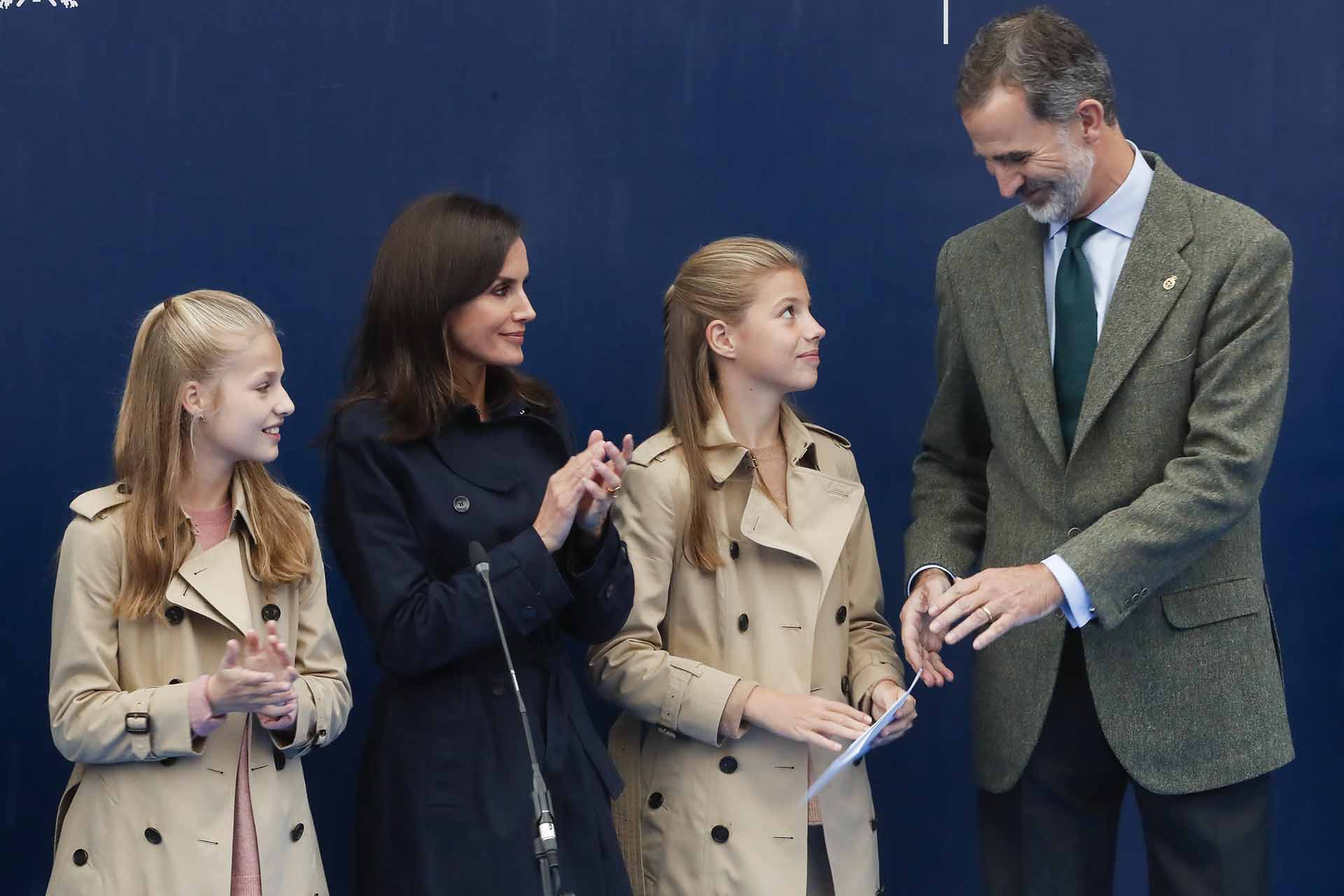 Spanish King Felipe VI and Queen Letizia Ortiz with daughters Princess of Asturias Leonor de Borbon and Sofia de Borbon during a visit to Asiego (Concejo Cabrales) as winner of the 30th annual Exemplary Village of Asturias Award, Spain, on Saturday 19 October, 2019.