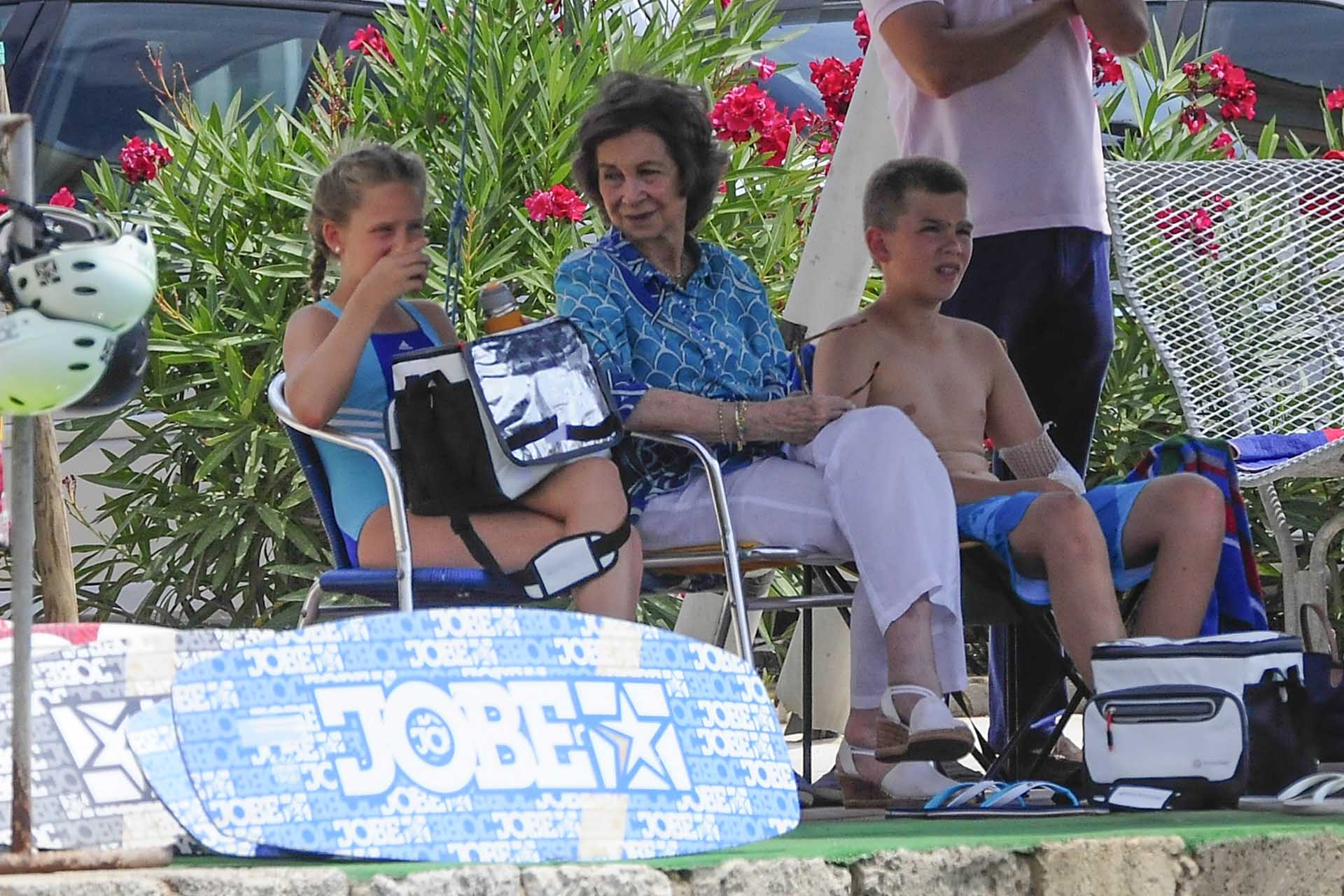 Queen Sofia of Spain and her grandchildren Miguel Urdangarin and Irene Urdangarin on holidays in Palma de Mallorca, on Monday, July 24th 2017.