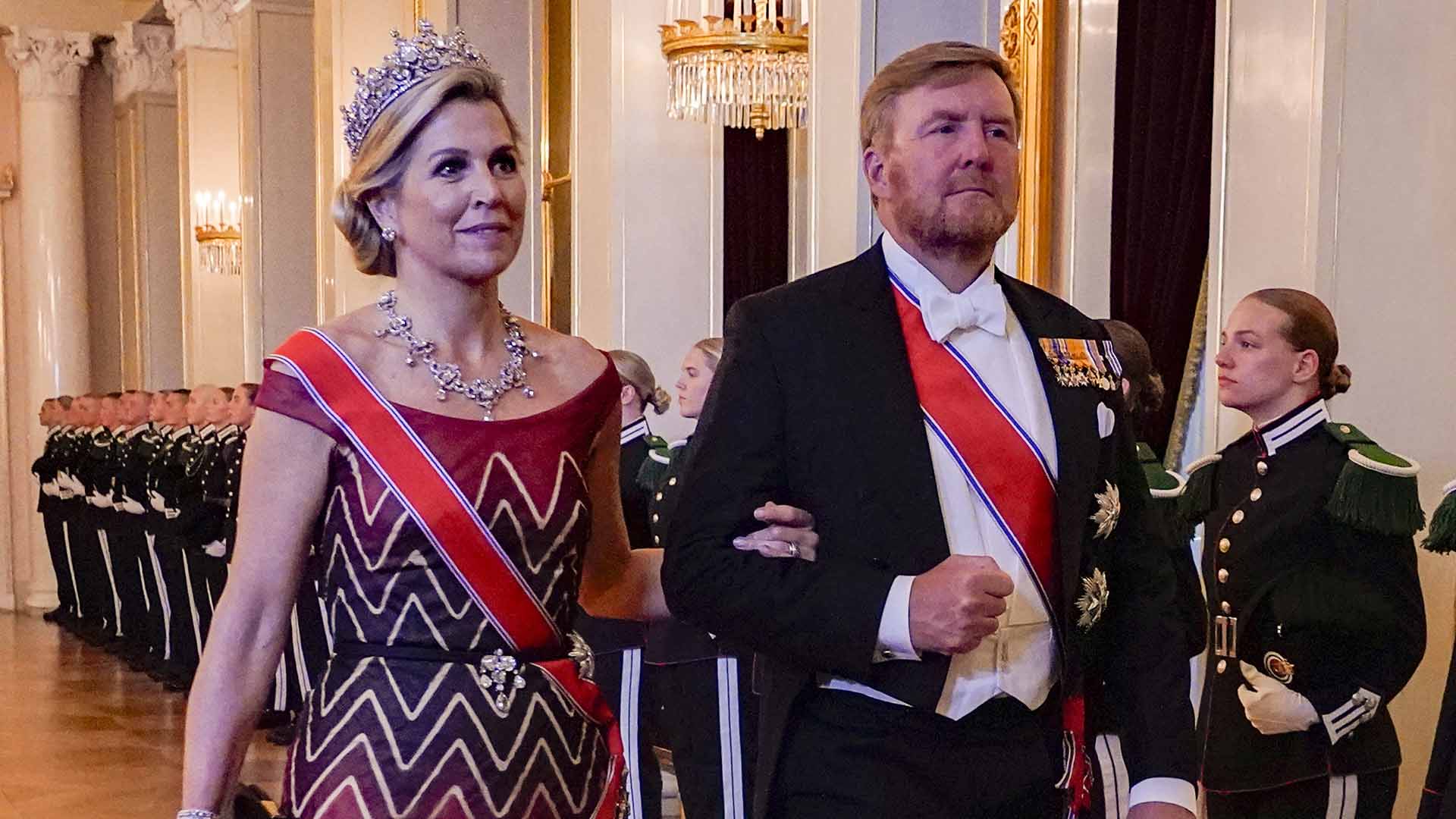 Queen Maxima and King Willem-Alexander of the Netherlands walk through The Great Hall before the gala dinner for Norway's Princess Ingrid Alexandra at the Palace  in Oslo, Friday June 17, 2022. Princess Ingrid Alexandra turned 18 on 21 January 2022. The celebrations were postponed until June 2022 due to COVID-19 restrictions. (Lise Aserud/NTB via AP)