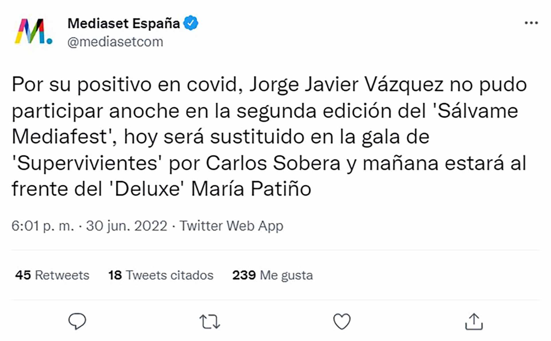 Jorge Javier Vázquez, positivo en Covid