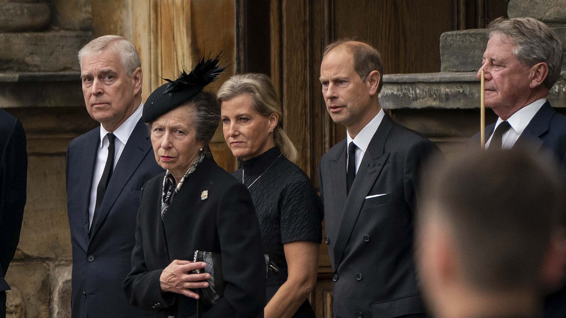 From left, Vice Admiral Timothy Laurence, Prince Andrew, Princess Anne, Sophie the Countess of Wessex and Prince Edward watch as the coffin of Queen Elizabeth II, draped with the Royal Standard of Scotland, completes its journey from Balmoral to the Palace of Holyroodhouse, where it will lie in rest for a day,  in Edinburgh, Sunday, Sept. 11, 2022. Queen Elizabeth II, Britain's longest-reigning…