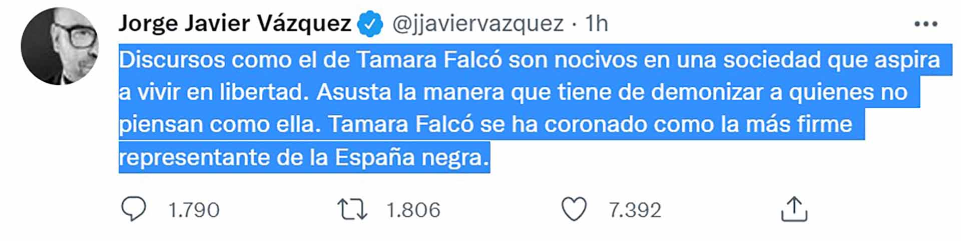 Jorge Javier Vázquez, sobre Tamara Falcó: "Asusta la manera que tiene de demonizar a quienes no piensan como ella"