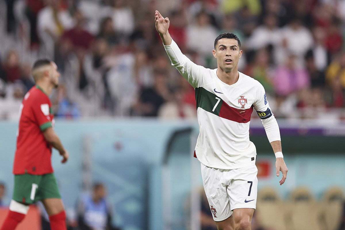 Cristiano Ronaldo of Portugal gestures during the Quarterfinal between Morocco and Portugal of the 2022 FIFA World Cup at Al Thumama Stadium in Doha, Qatar, Dec. 10, 2022. Qatar Worldcup Quarterfinal Between Morocco and Portugal, December 10, 2022 - 10 Dec 2022