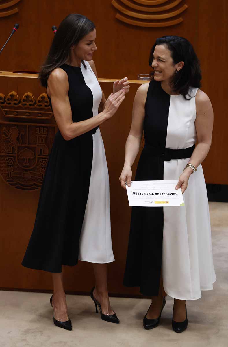 Spanish Queen Letizia and Inmaculada Vivas Teson  during Queen Letizia 2021 awards in Merida (Badajoz) on Wednesday, 4 May 2022. En la foto mismo vestido