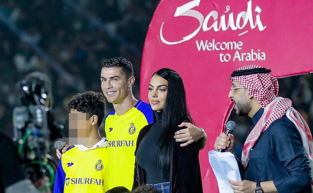 Soccerplayer Cristiano Ronaldo and sons Cristiano Ronaldo JR , Alana Ronaldo and Mateo Ronaldo with Georgina Rodriguez presentation as new Al Nassr FC player on January 03, 2023 in Riyadh, Saudi Arabia.