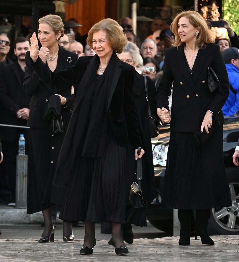 Sofia of Spain,Infanta Cristina of Spain,Infanta Elena,Duchess of Lugo,Princess Irene of Greece and Denmark Queen Sofia arrive with her daughters and Princess Irene at Mitropolis Church in Athens for the 40 day after dead of King Constantine of Greece ceremony.