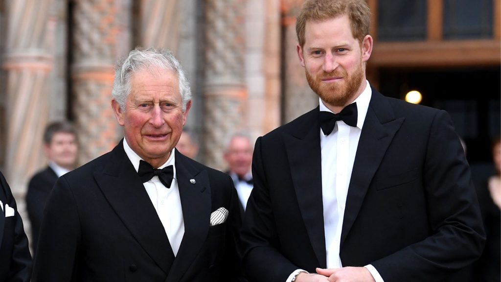 El Príncipe Harry junto a Carlos III, ambos con traje.