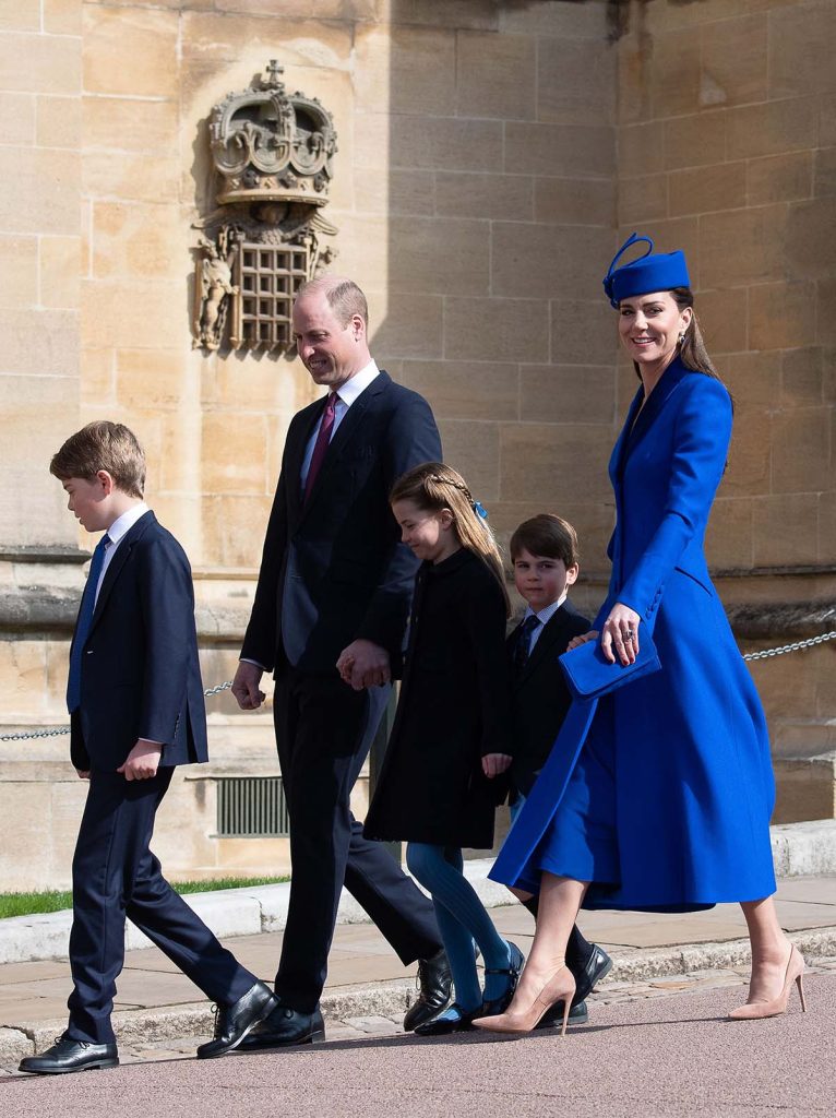 Mandatory Credit: Photo by Maureen McLean/Shutterstock (13864110h) The Prince of Wales and Catherine, The Princess of Wales, Prince George, Princess Charlotte and Prince Louis arrive with members of the Royal Family to attend the Easter Morning Service at St George's Chapel at Windsor Castle this morning British Royal Family, Easter Morning Service, Windsor, Berkshire, UK - 09 Apr 2023