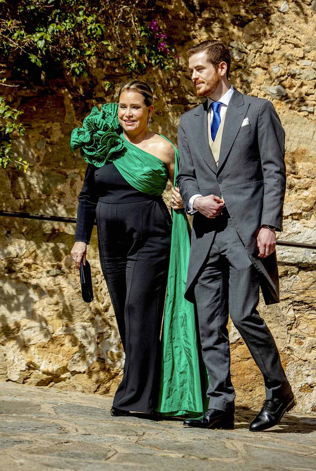 Grand Duchess Maria Teresa of Luxembourg and brother of the groom arrive a the Church Saint-Trophyme in Bormes-les-Mimosas, on April 29, 2023, to attend the Wedding of Princess Alexandra of Luxembourg and Mr. Nicolas Bagory Photo: Albert Nieboer / Netherlands OUT / Point de Vue OUT