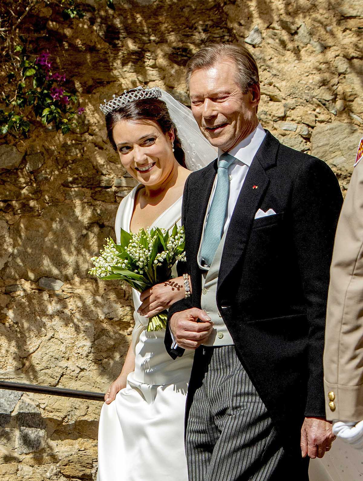 Grand Duke Henri of Luxembourg and Princess Alexandra of Luxembourg arrive a the Church Saint-Trophyme in Bormes-les-Mimosas, on April 29, 2023, to attend the Wedding of Princess Alexandra of Luxembourg and Mr. Nicolas Bagory Photo: Albert Nieboer / Netherlands OUT / Point de Vue OUT