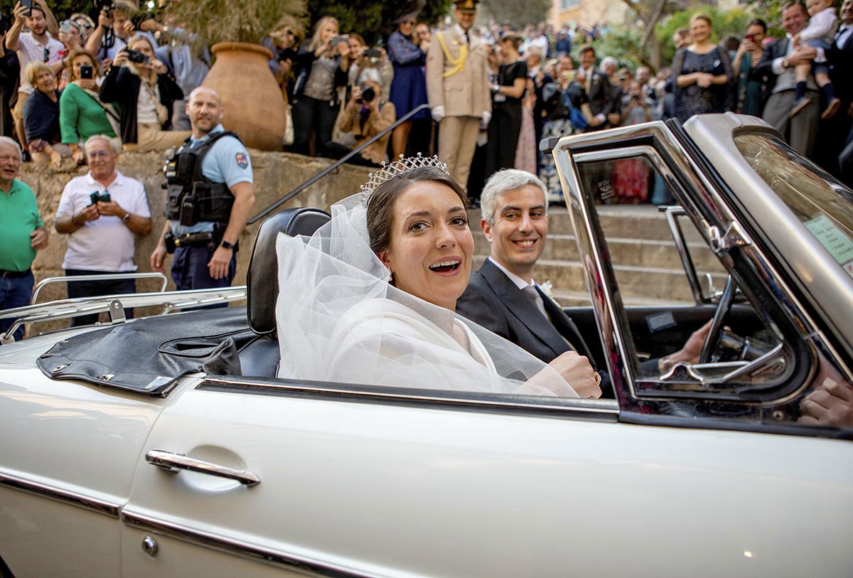 Princess Alexandra of Luxembourg and Mr. Nicolas Bagory leave at the Church Saint-Trophyme in Bormes-les-Mimosas, on April 29, 2023, after the Wedding ceremony Photo: Albert Nieboer / Netherlands OUT / Point de Vue OUT