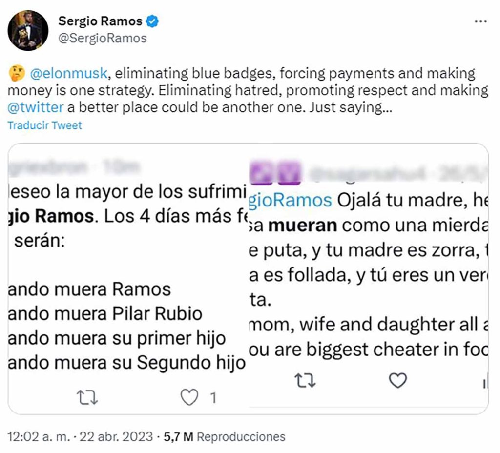Sergio Ramos recibe amenazas de muerte en Twitter y pide ayuda a Elon Musk