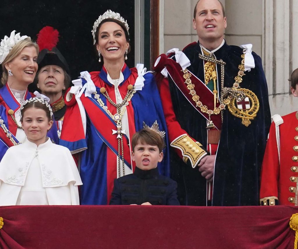 (left to right) the Duke of Edinburgh, the Earl of Wessex, Lady Louise Windsor, Vice Admiral Sir Tim Laurence ,the Duchess of Edinburgh, the Princess Royal, Princess Charlotte, the Princess of Wales, Prince Louis, the Prince of Wales on the balcony of Buckingham Palace, London, to view a flypast by aircraft from the Royal Navy, Army Air Corps and Royal Air Force - including the Red Arrows,…