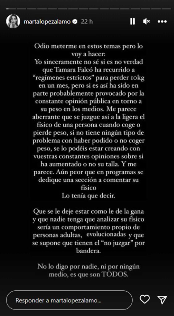 Marta López Álamo defiende a Tamara Falcó de las críticas por su aumento de peso