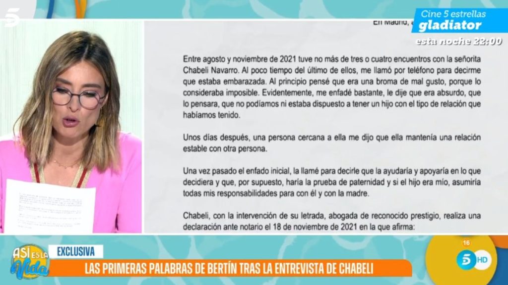 Sandra Barneda lee en directo comunicado de Bertín Osborne contra Chabeli Navarro