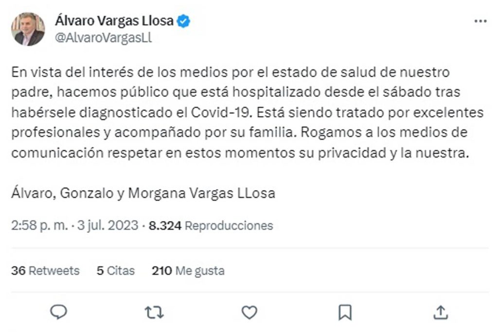 Tweet de Álvaro Vargas Llosa. (Foto: Twitter)