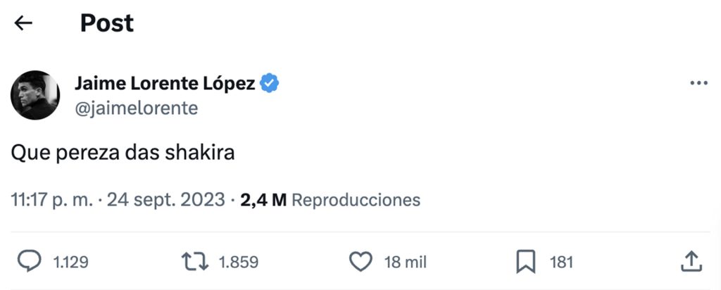 Tweet de Jaime Lorente sobre Shakira.