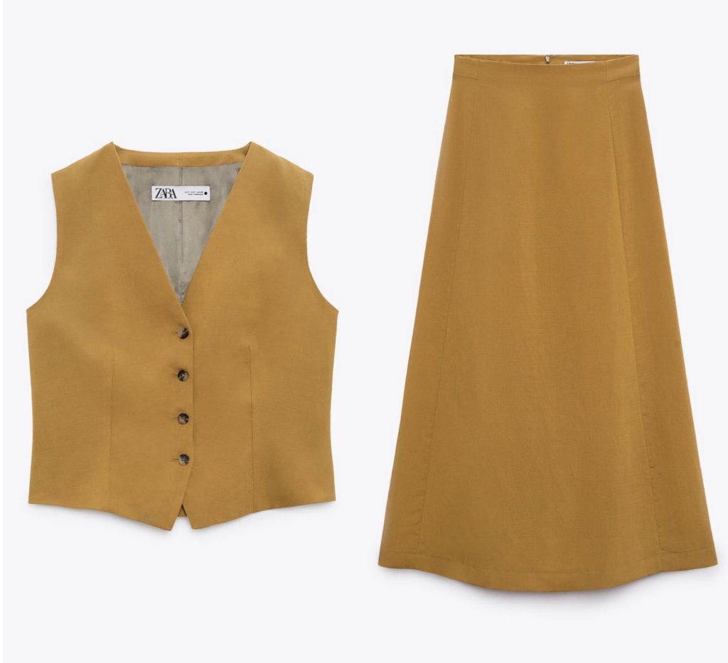 Conjunto de lino compuesto por chaleco sastre y falda midi de Zara