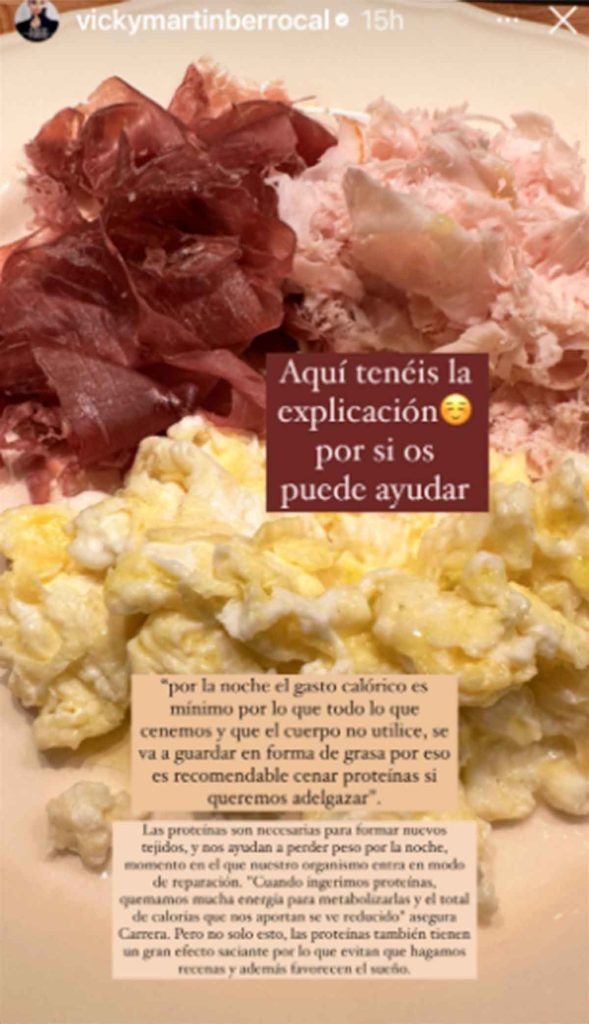 Cena de Vicky Martín Berrocal cn huevo, jamón y pavo